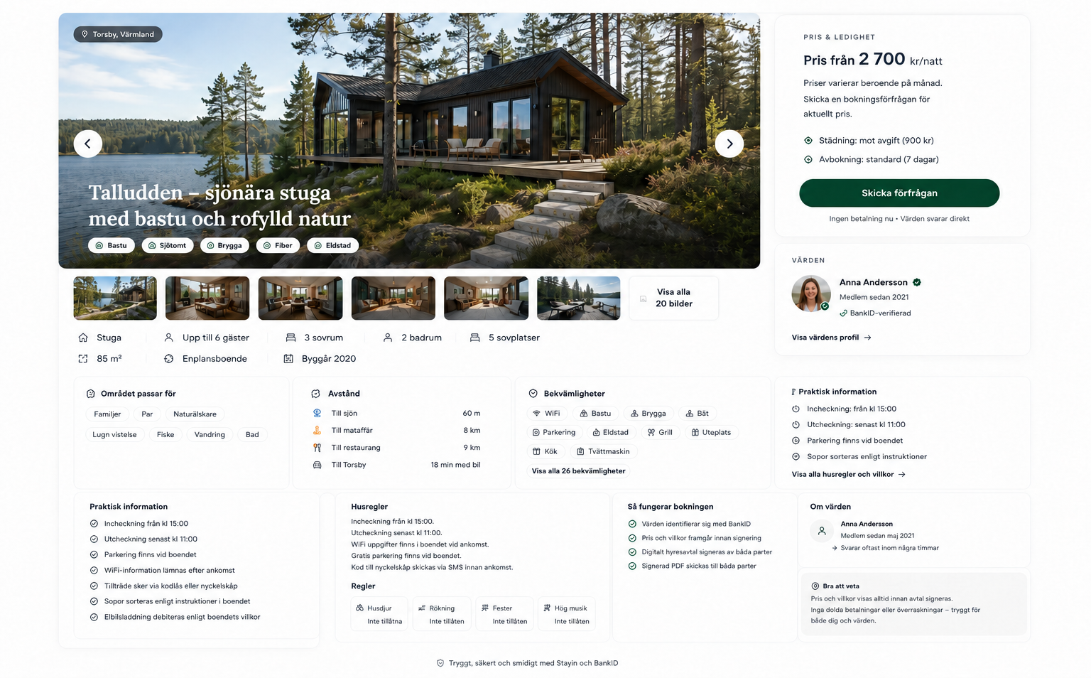 Exempel på en boendesida i Stayin — bilder, information och bokningsförfrågan