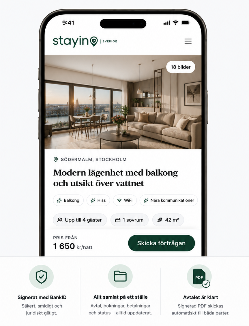 Exempel på en boendesida i Stayin — bilder, information och bokningsförfrågan