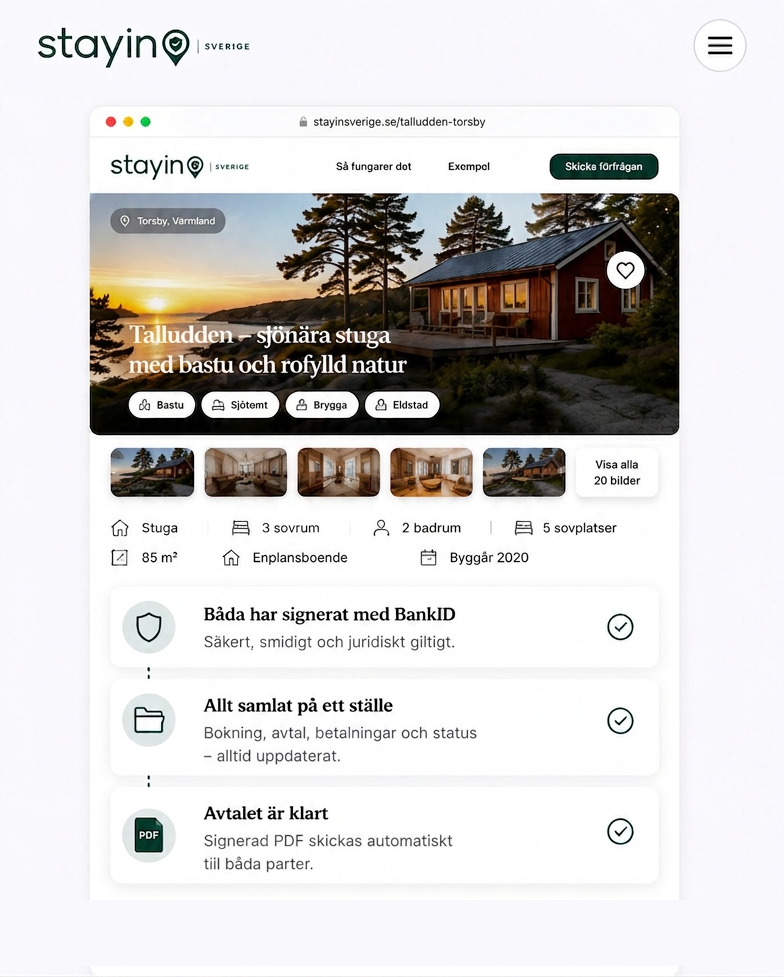 Exempel på Stayin — boendesida, BankID-signering och signerad PDF