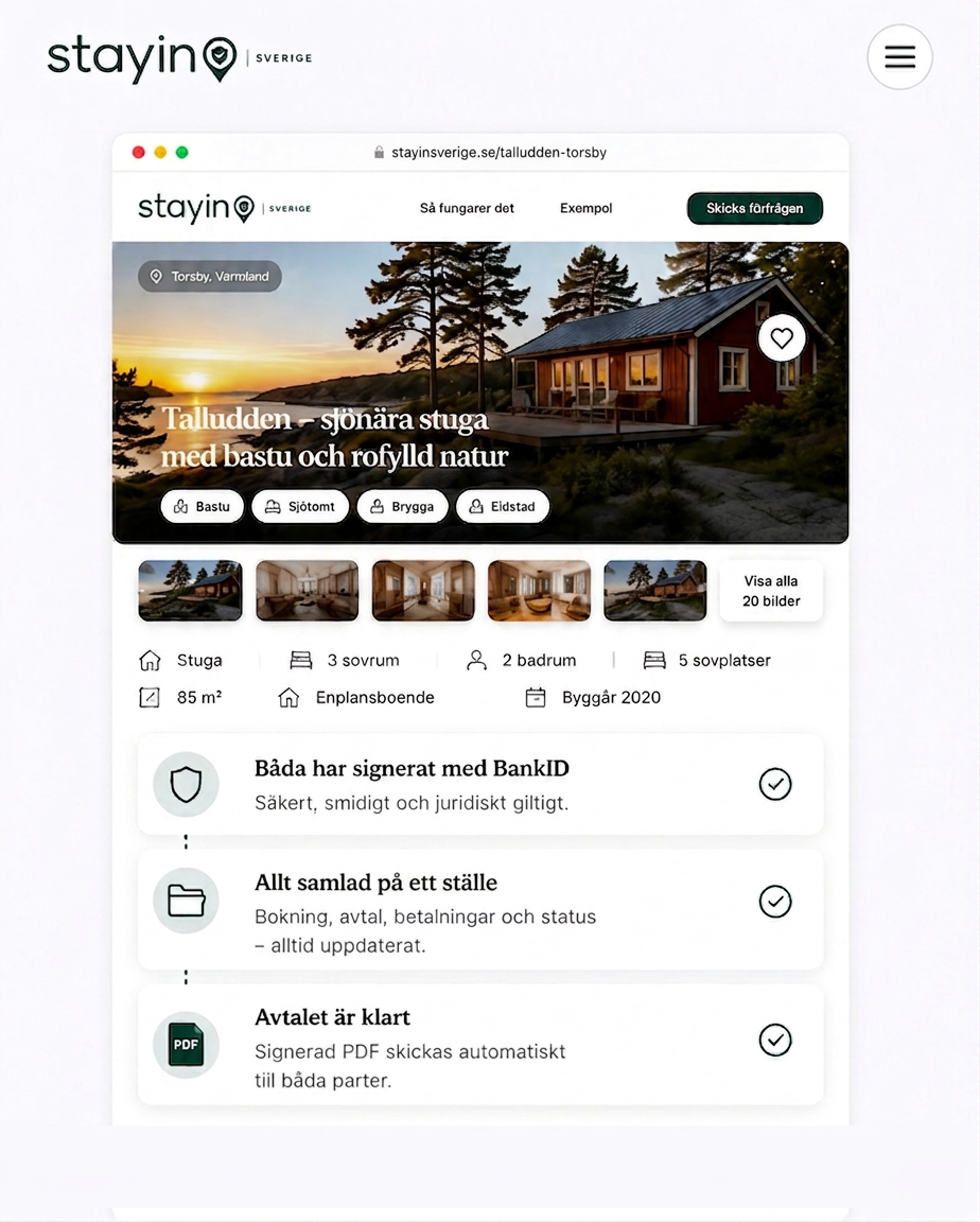 Exempel på Stayin — boendesida, BankID-signering och signerad PDF
